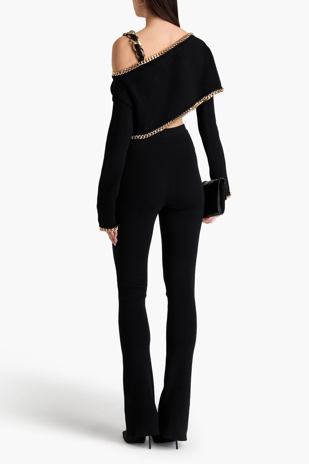 BALMAIN كنزة رياضية قصيرة بتصميم مكشوف الكتفين من نسيج محبوك بحبكة مضلّعة بتصميم مزركش