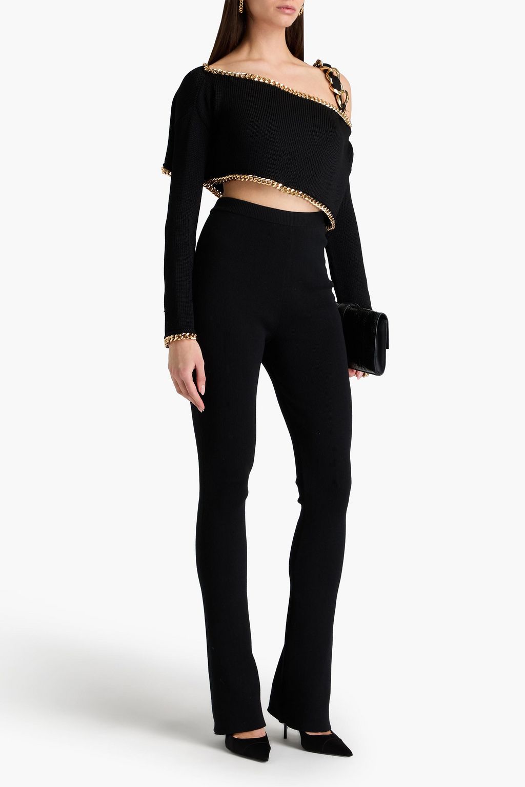 BALMAIN كنزة رياضية قصيرة بتصميم مكشوف الكتفين من نسيج محبوك بحبكة مضلّعة بتصميم مزركش
