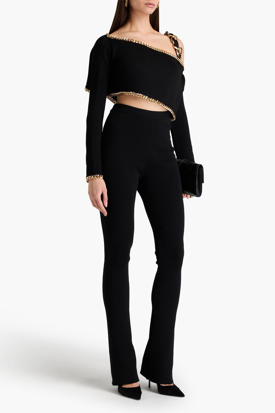  Balmain - Schulterfreier Cropped Pullover Aus Rippstrick Mit Verzierung - Schwarz - Fr 34 