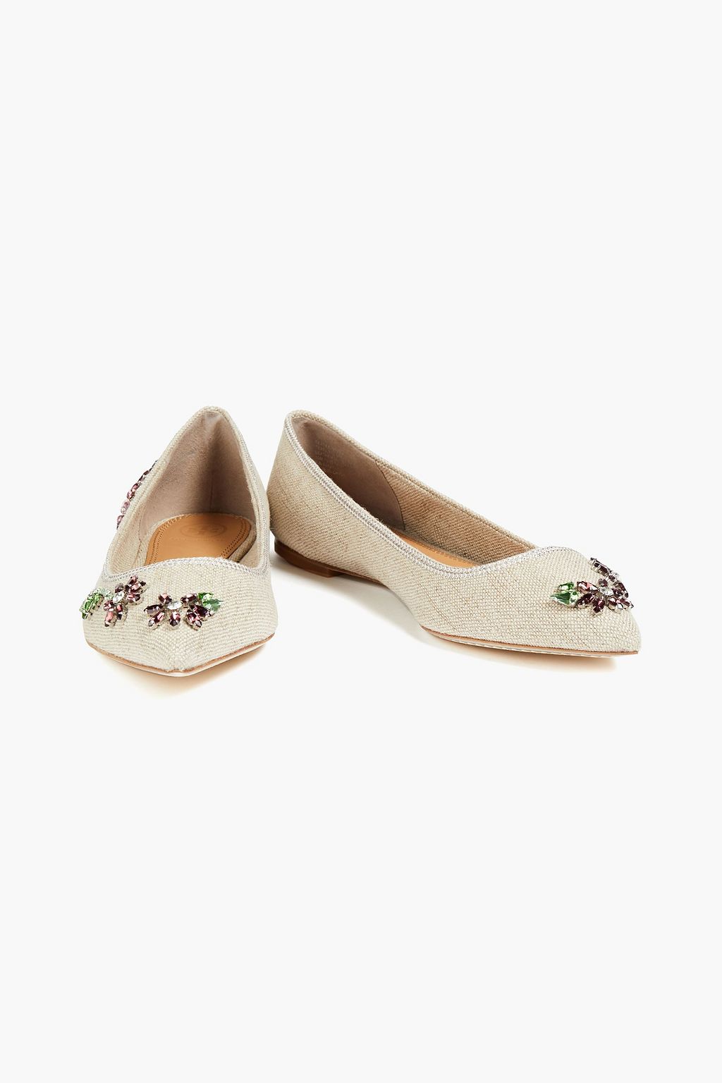 TORY BURCH Crystal-embellished canvas point-toe flats