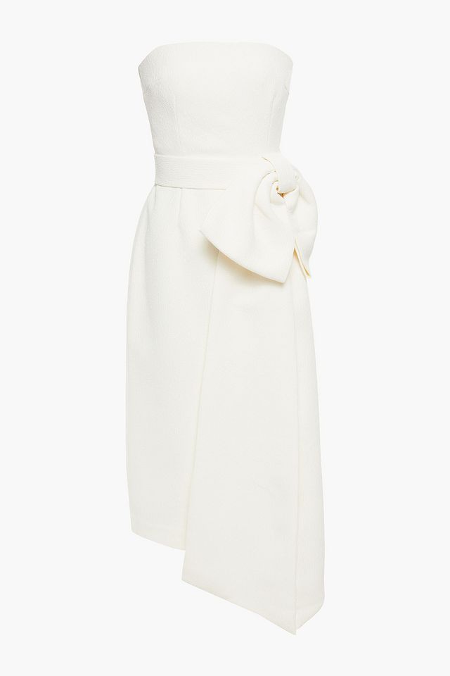 Greta strapless bow-embellished cloqué midi dress
