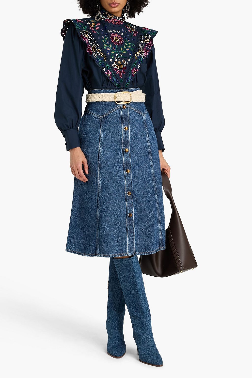 CHLOÉ Broderie anglaise-paneled cotton-poplin top