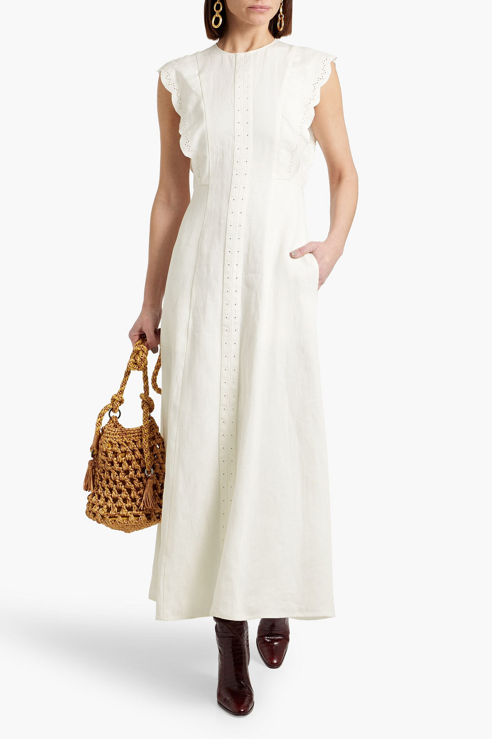 CHLOÉ SCALLOPED BRODERIE ANGLAISE LINEN MAXI DRESS 