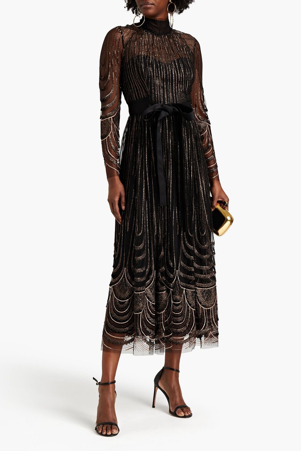 AMANDA WAKELEY Tie-front metallic embroidered tulle maxi dress
