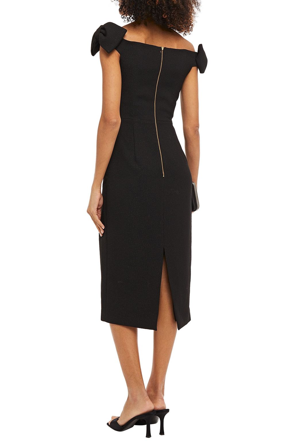 REBECCA VALLANCE Winslow off-the-shoulder bow-embellished textured-crepe midi dress