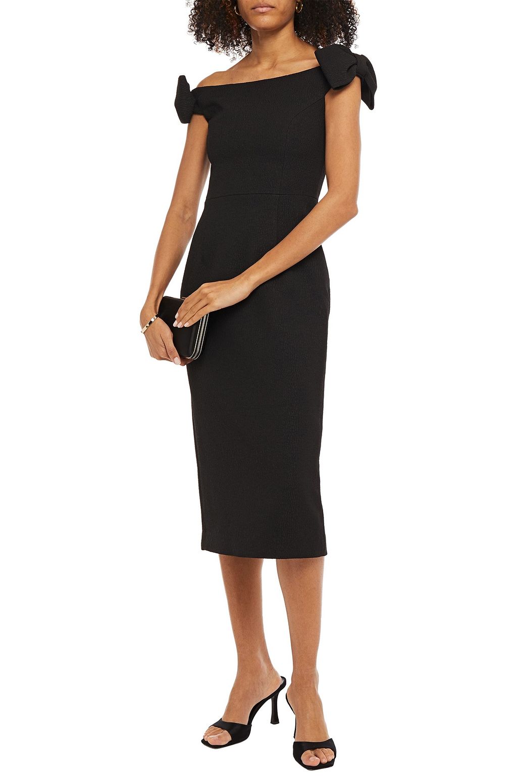 REBECCA VALLANCE Winslow off-the-shoulder bow-embellished textured-crepe midi dress