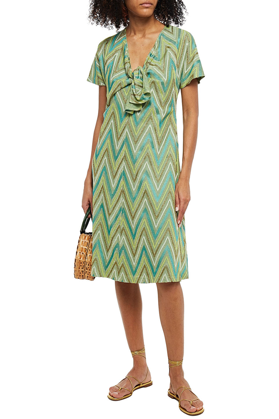 M Missoni Knotted Metallic Crochet-knit Dress In Green