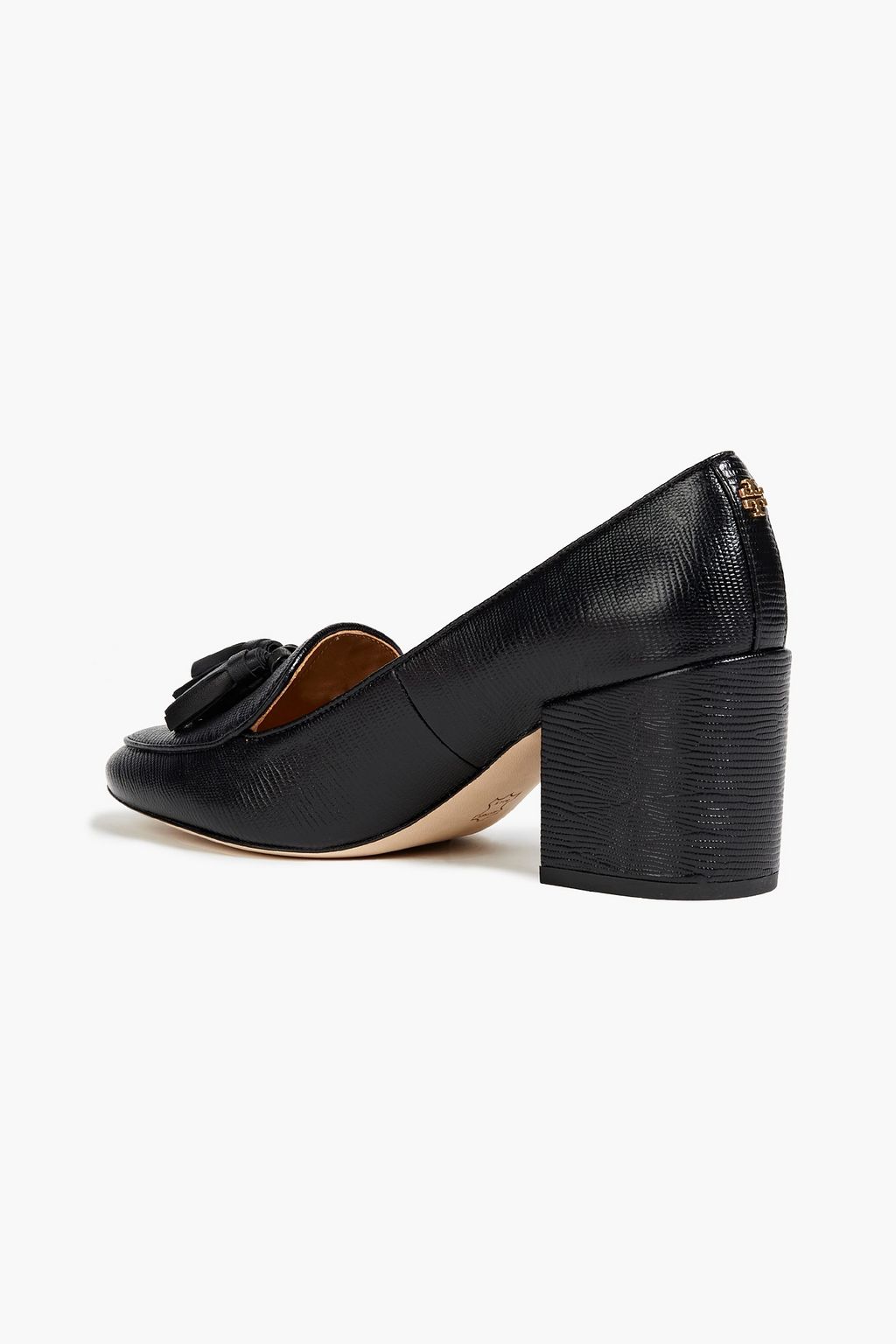 TORY BURCH Tassel-trimmed lizard-effect leather pumps