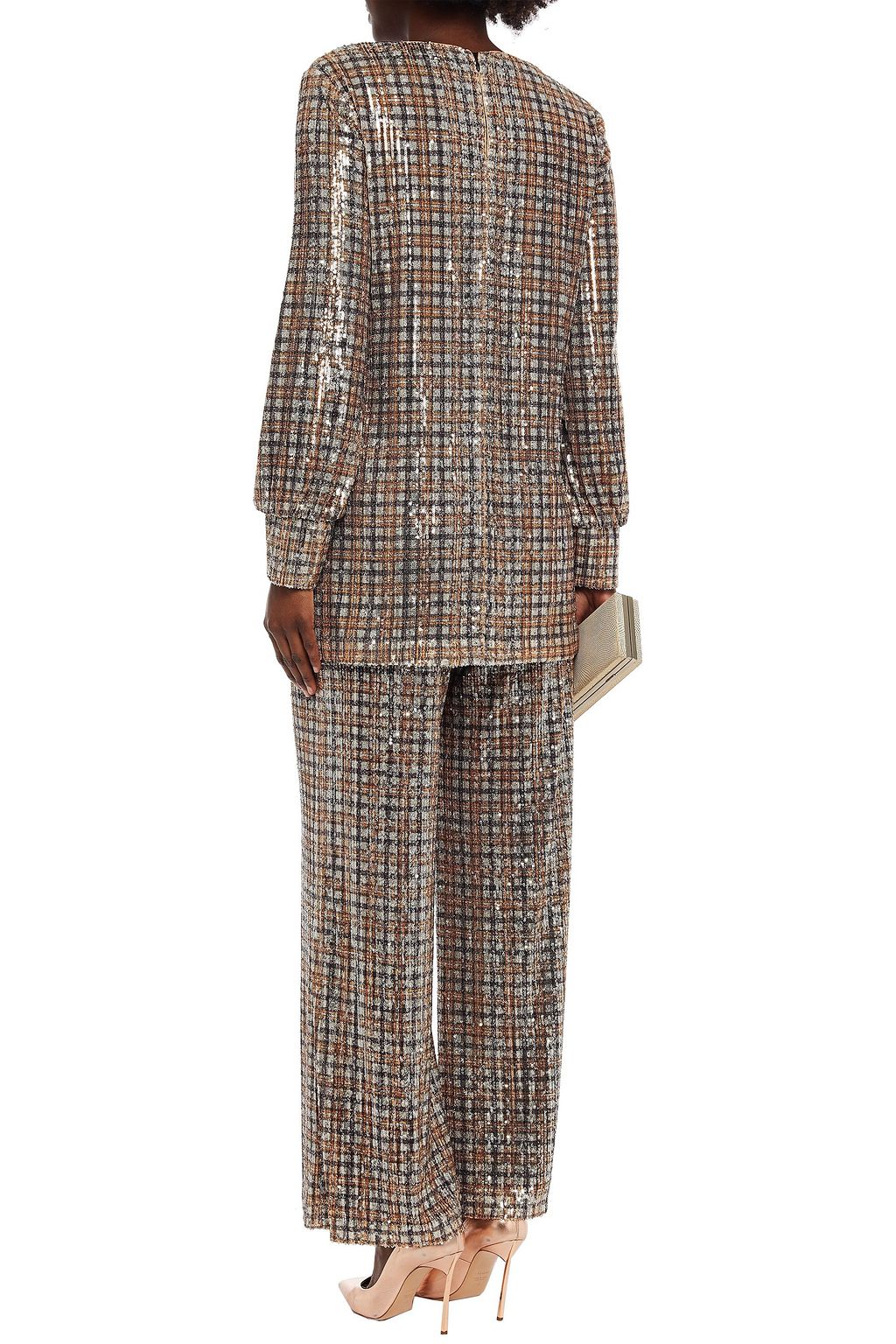 BADGLEY MISCHKA Sequined checked mesh wide-leg pants