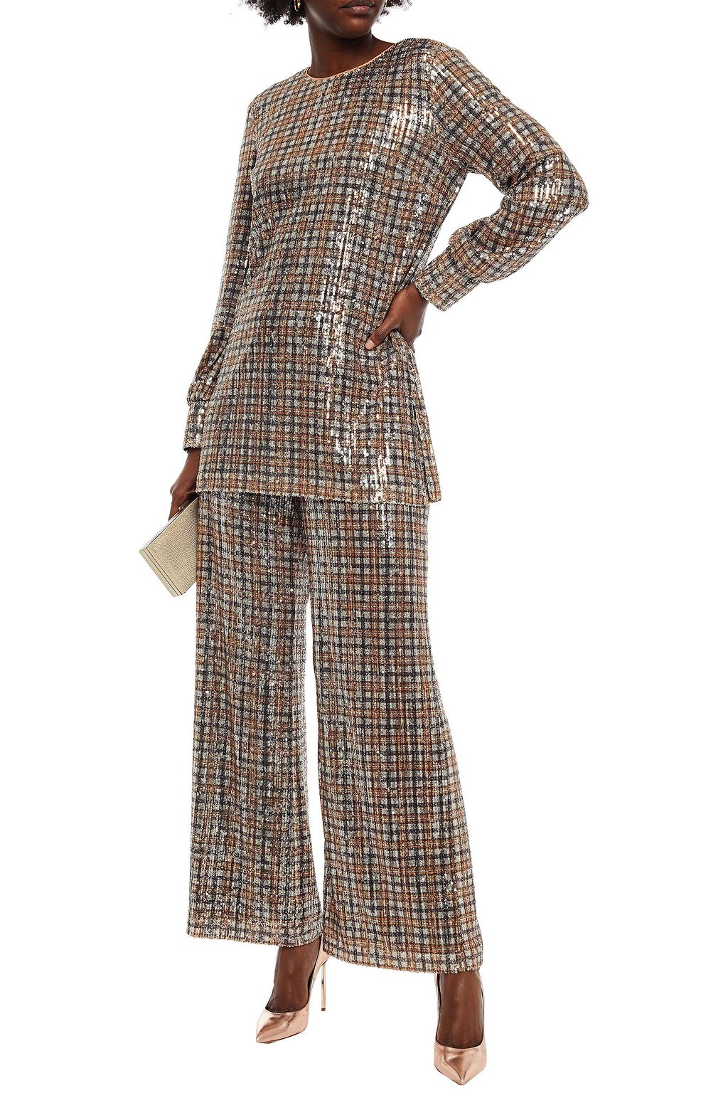 BADGLEY MISCHKA Sequined checked mesh wide-leg pants