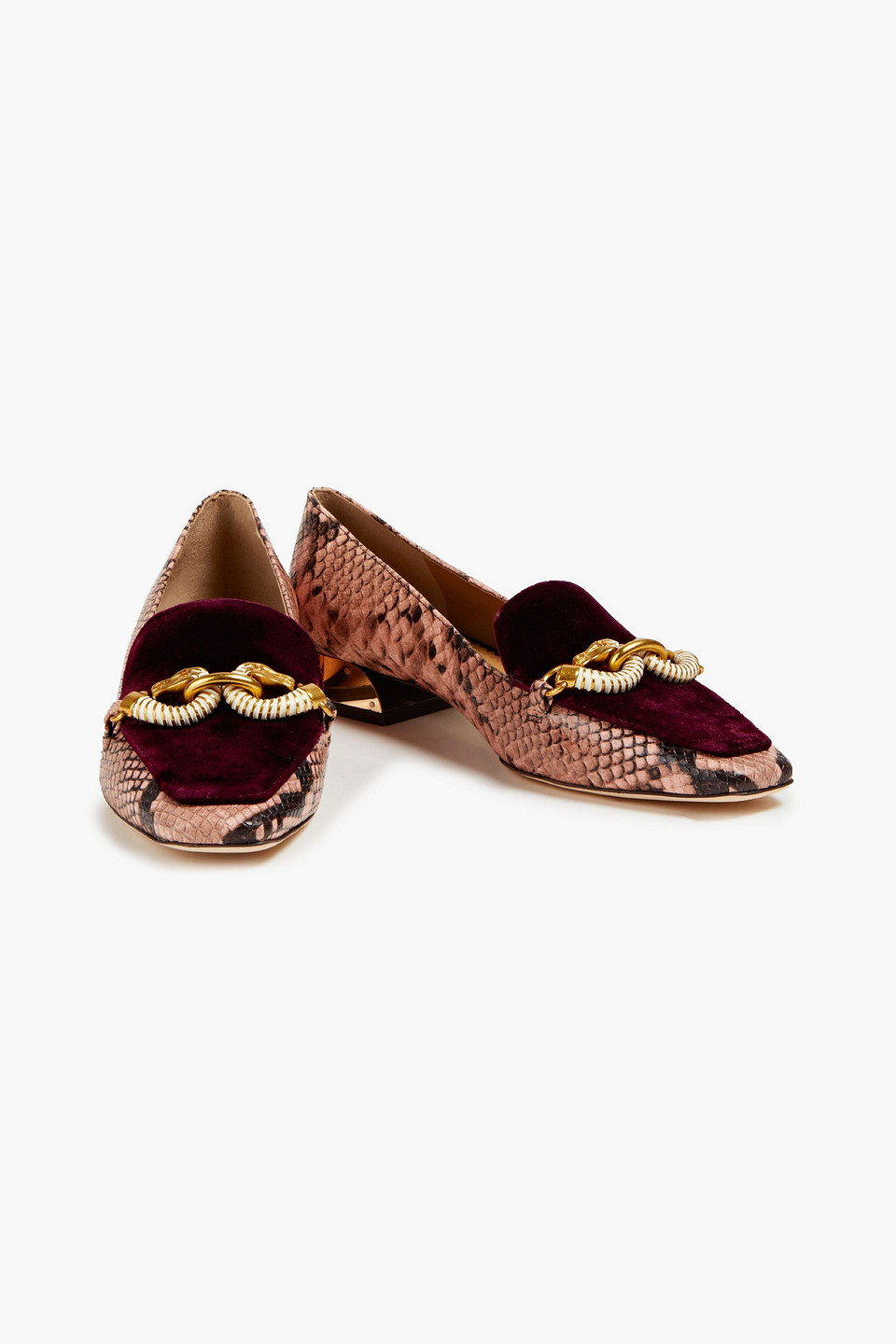 Tory Burch Jessa 25 Velvet And Snake-effect Leather Loafers In Pink