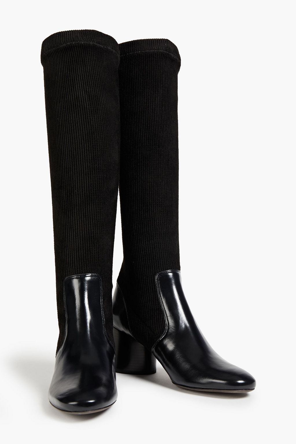 TORY BURCH Leather-paneled ribbed faux stretch-suede boots