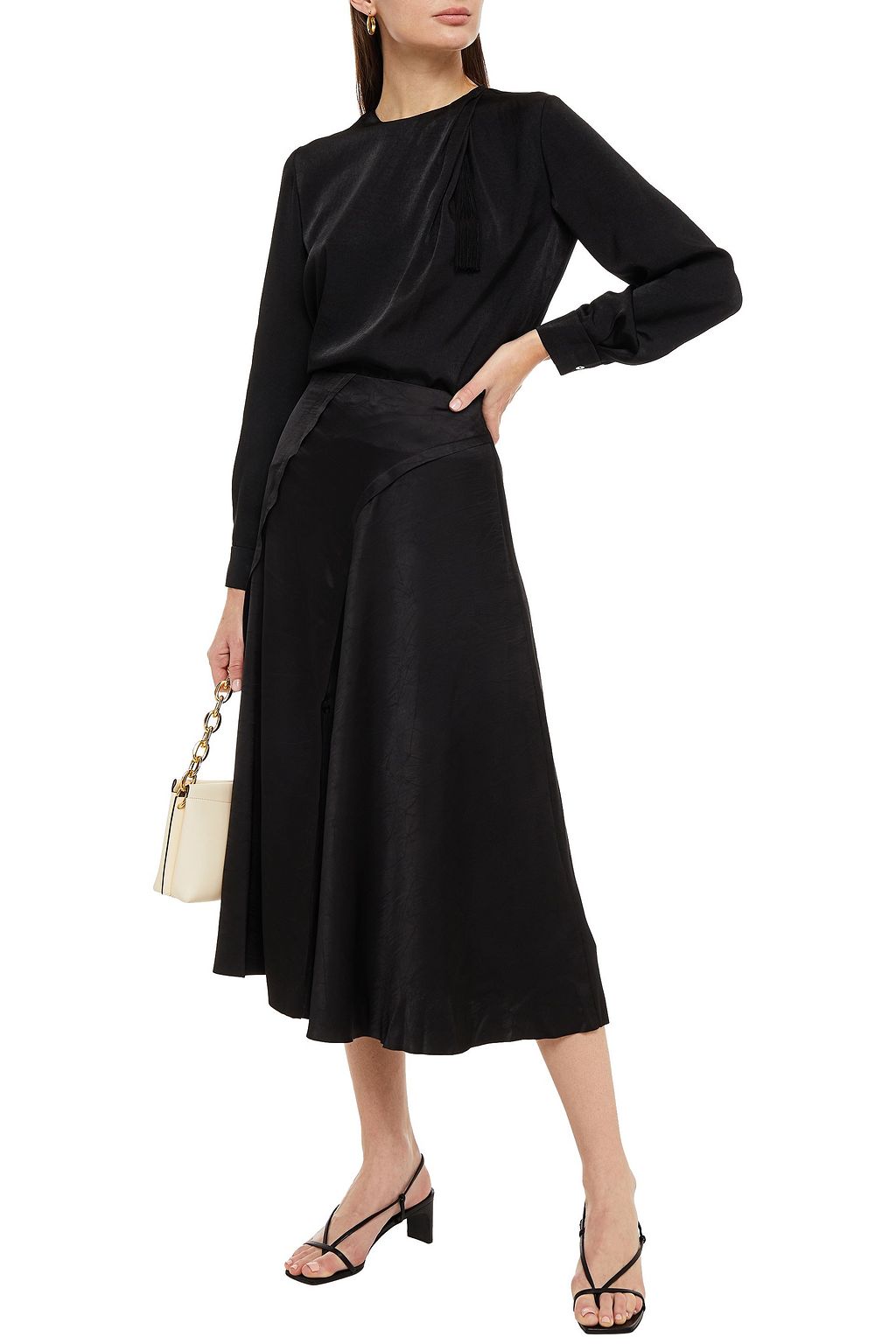 VINCE. Tasseled draped satin top