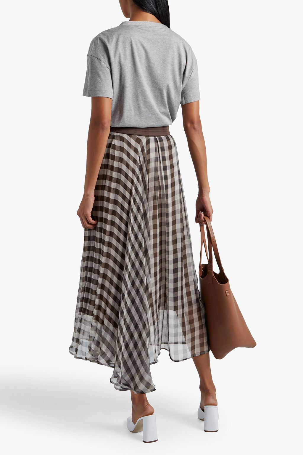 BRUNELLO CUCINELLI Asymmetric gingham silk-crepon midi skirt