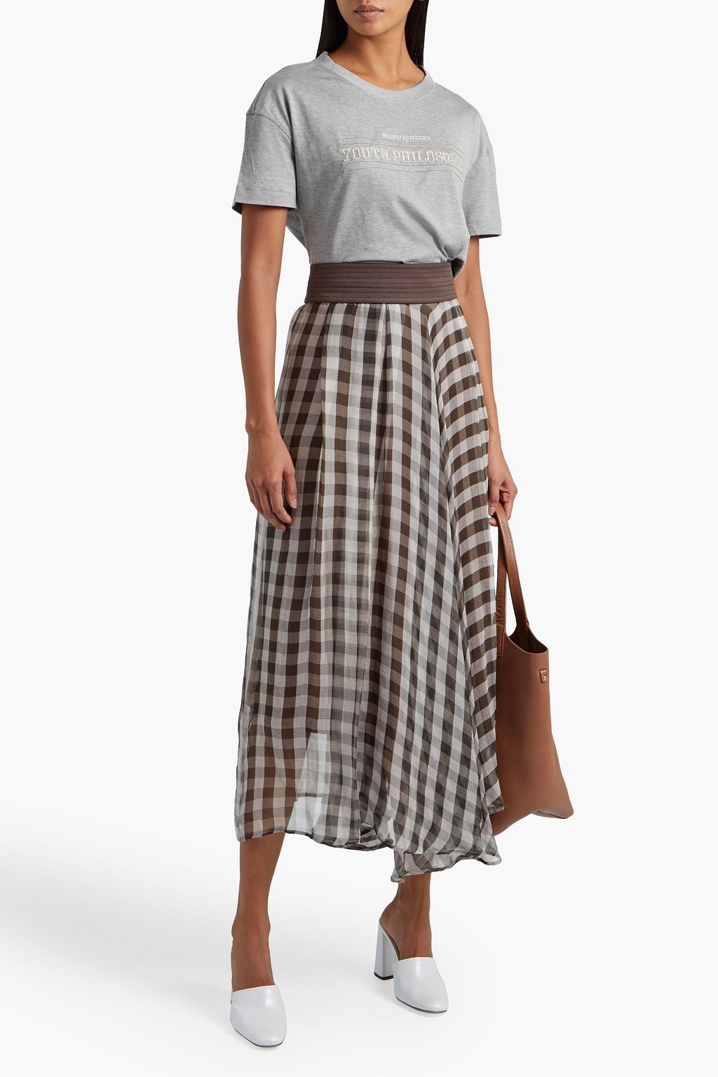 BRUNELLO CUCINELLI Asymmetric gingham silk-crepon midi skirt