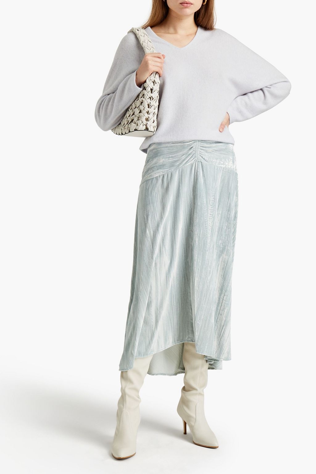 VINCE. Asymmetric ruched crushed-velvet midi skirt