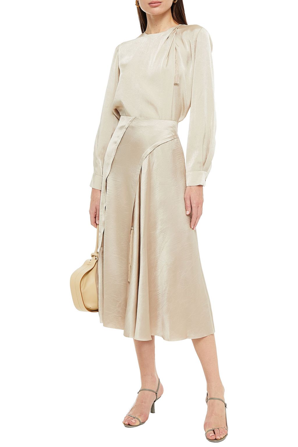 VINCE. Tasseled crinkled-satin midi skirt