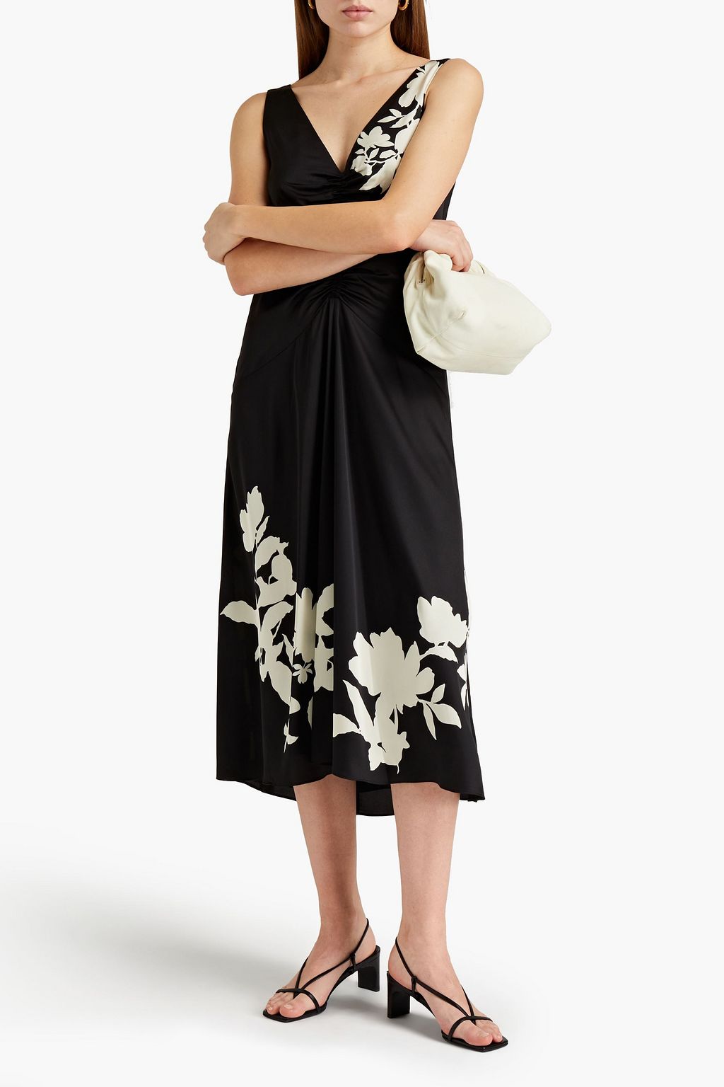 VINCE. Ruched floral-print satin midi dress