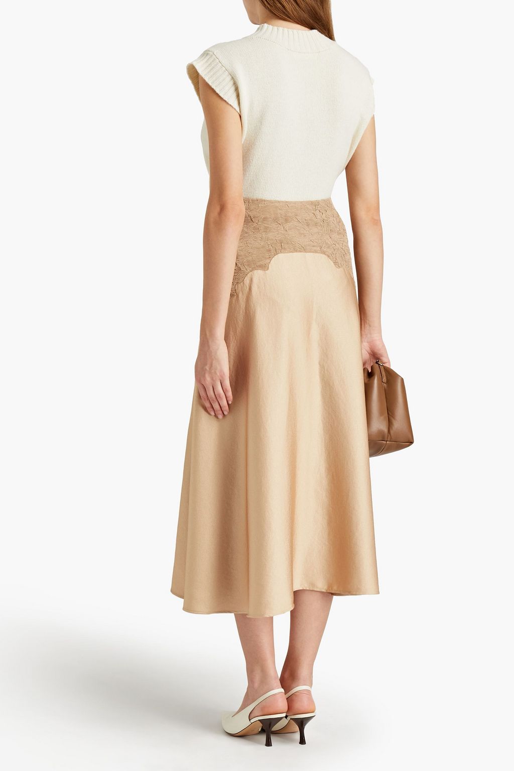 VINCE. Paneled plissé satin and georgette midi skirt
