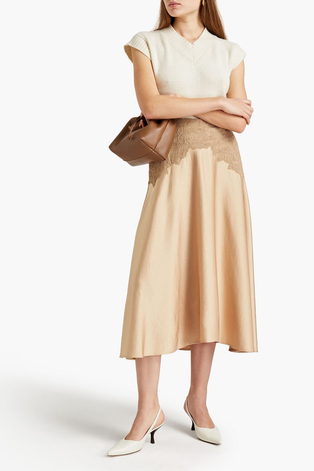 VINCE. Paneled plissé satin and georgette midi skirt
