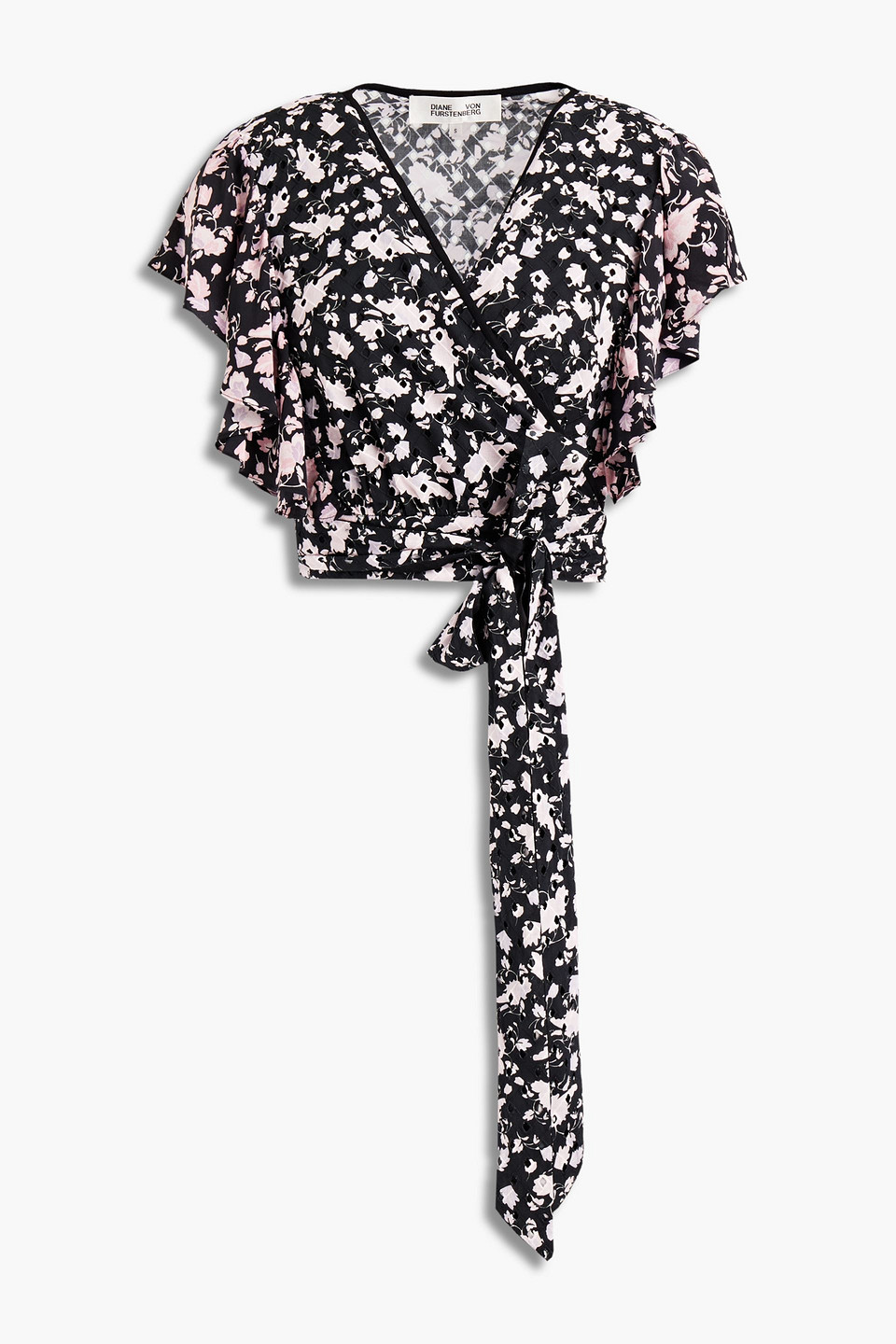Cailey cropped paneled floral-print crepe de chine and broderie anglaise cotton wrap top