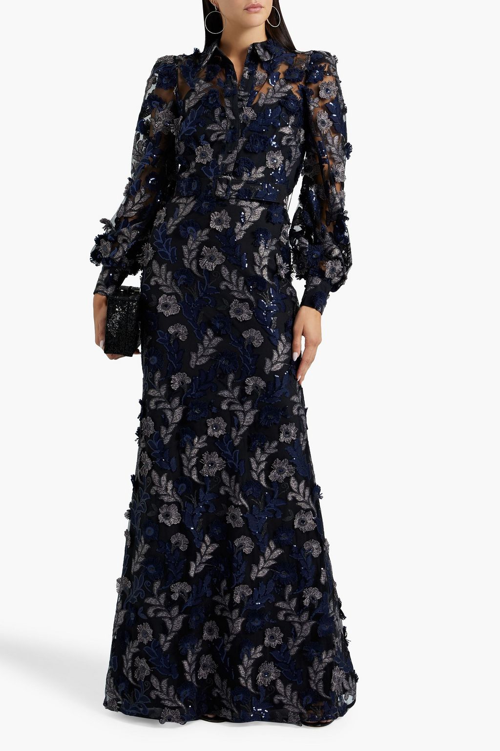 BADGLEY MISCHKA Belted fluted embellished tulle gown