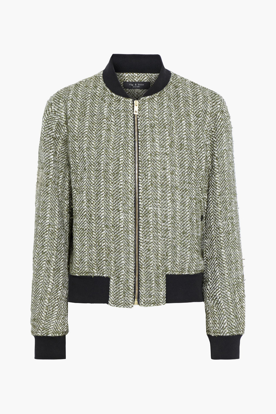 rag & bone - manston metallic herringbone wool-blend tweed bomber jacket - green - l