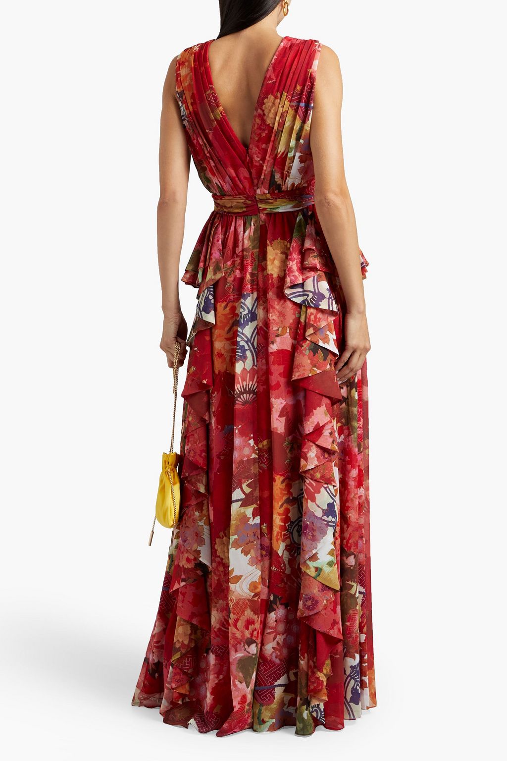 BADGLEY MISCHKA Pleated ruffled printed chiffon maxi dress