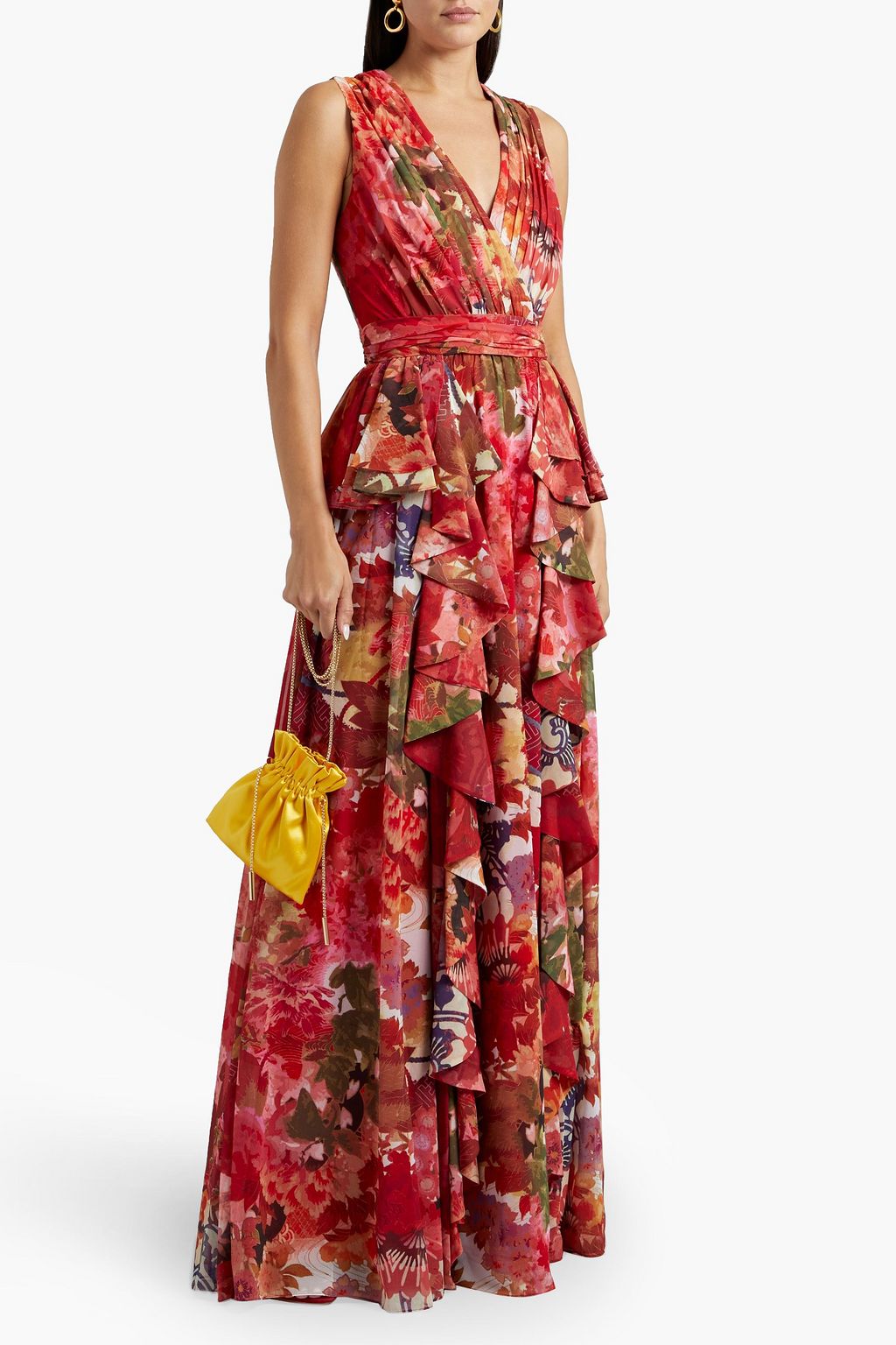 BADGLEY MISCHKA Pleated ruffled printed chiffon maxi dress