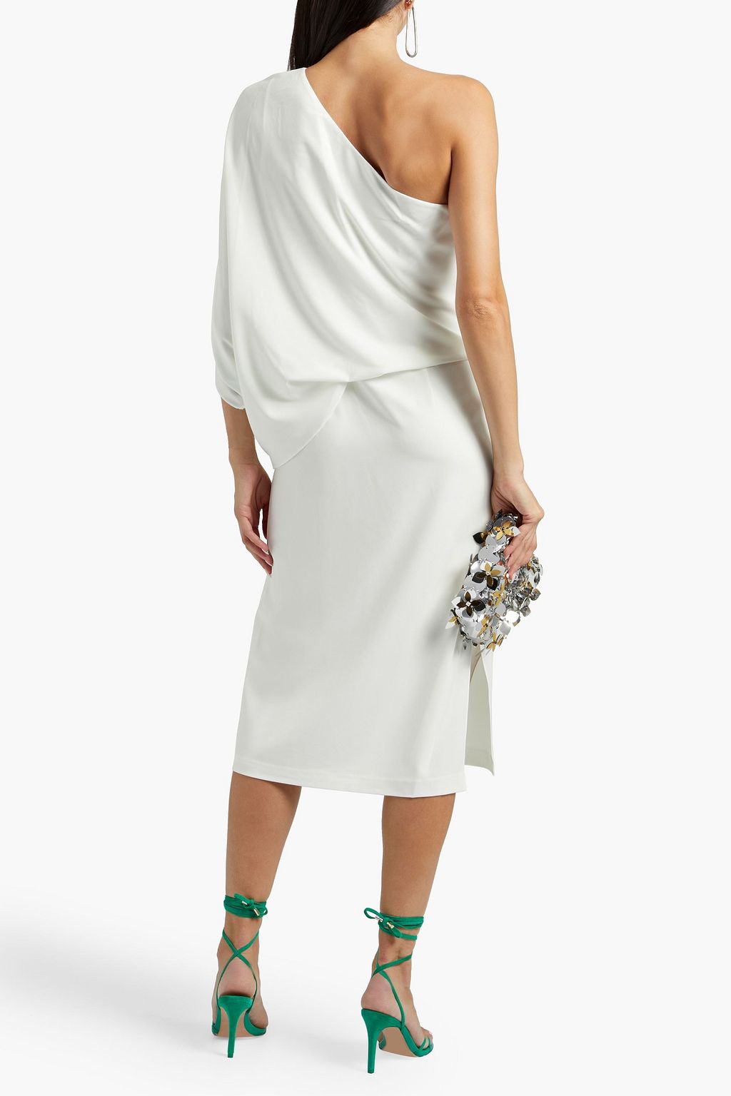 HALSTON ワンショルダー ドレープ入り ストレッチクレープ ワンピース