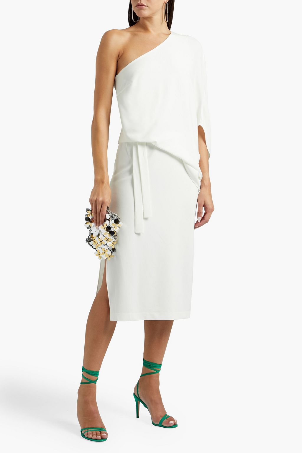 HALSTON ワンショルダー ドレープ入り ストレッチクレープ ワンピース