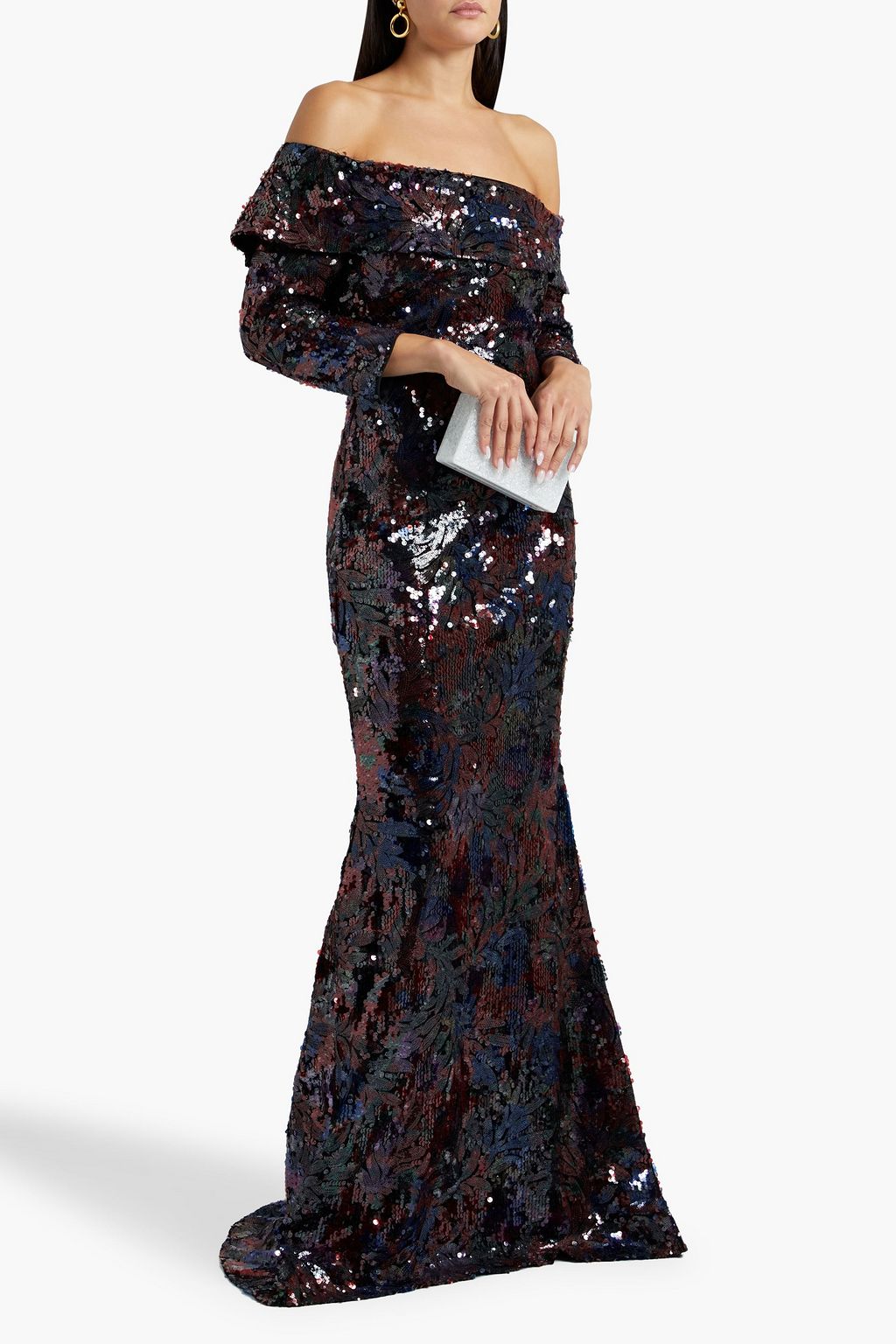 badgley mischka off the shoulder sequin gown