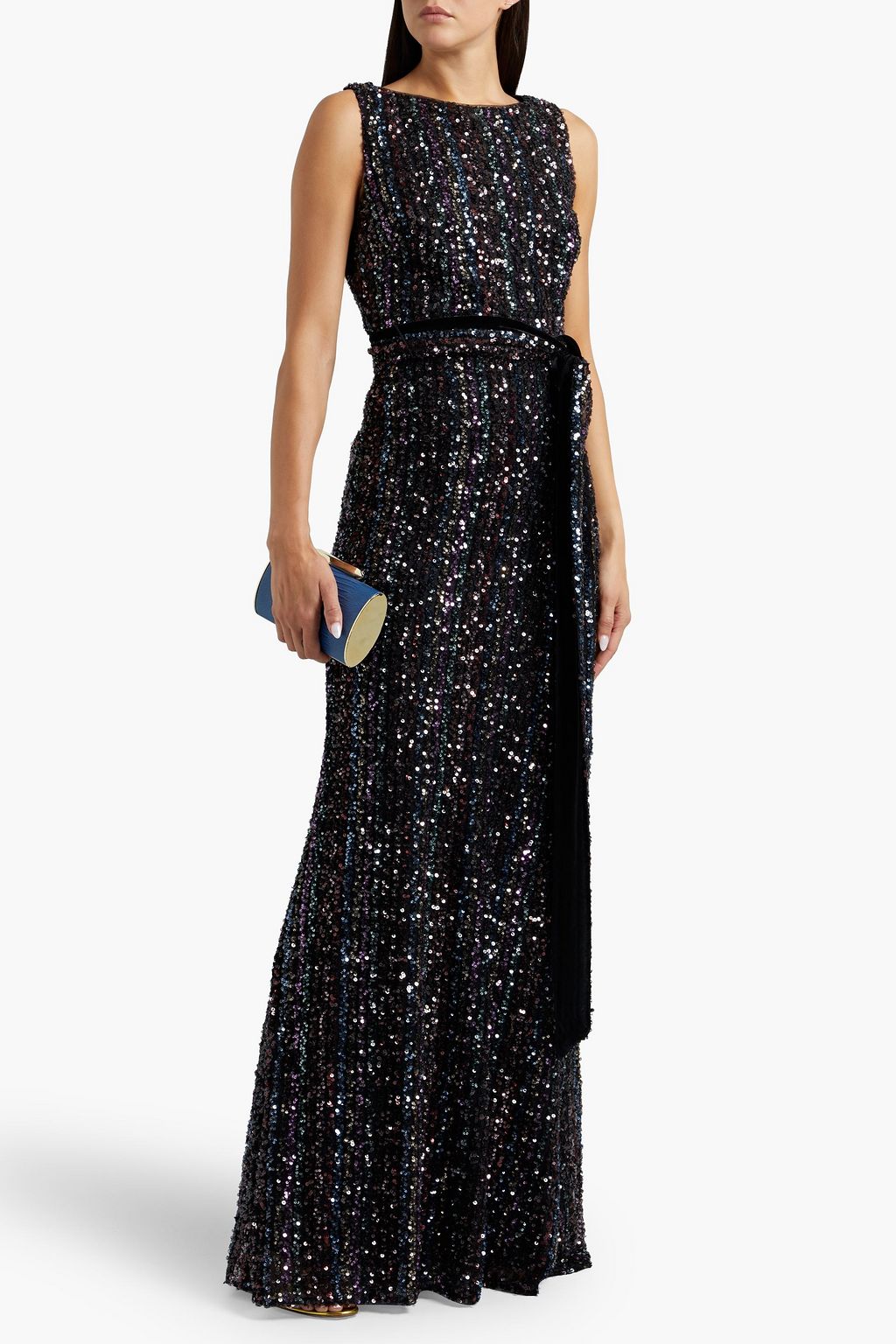 BADGLEY MISCHKA Belted sequined tulle gown