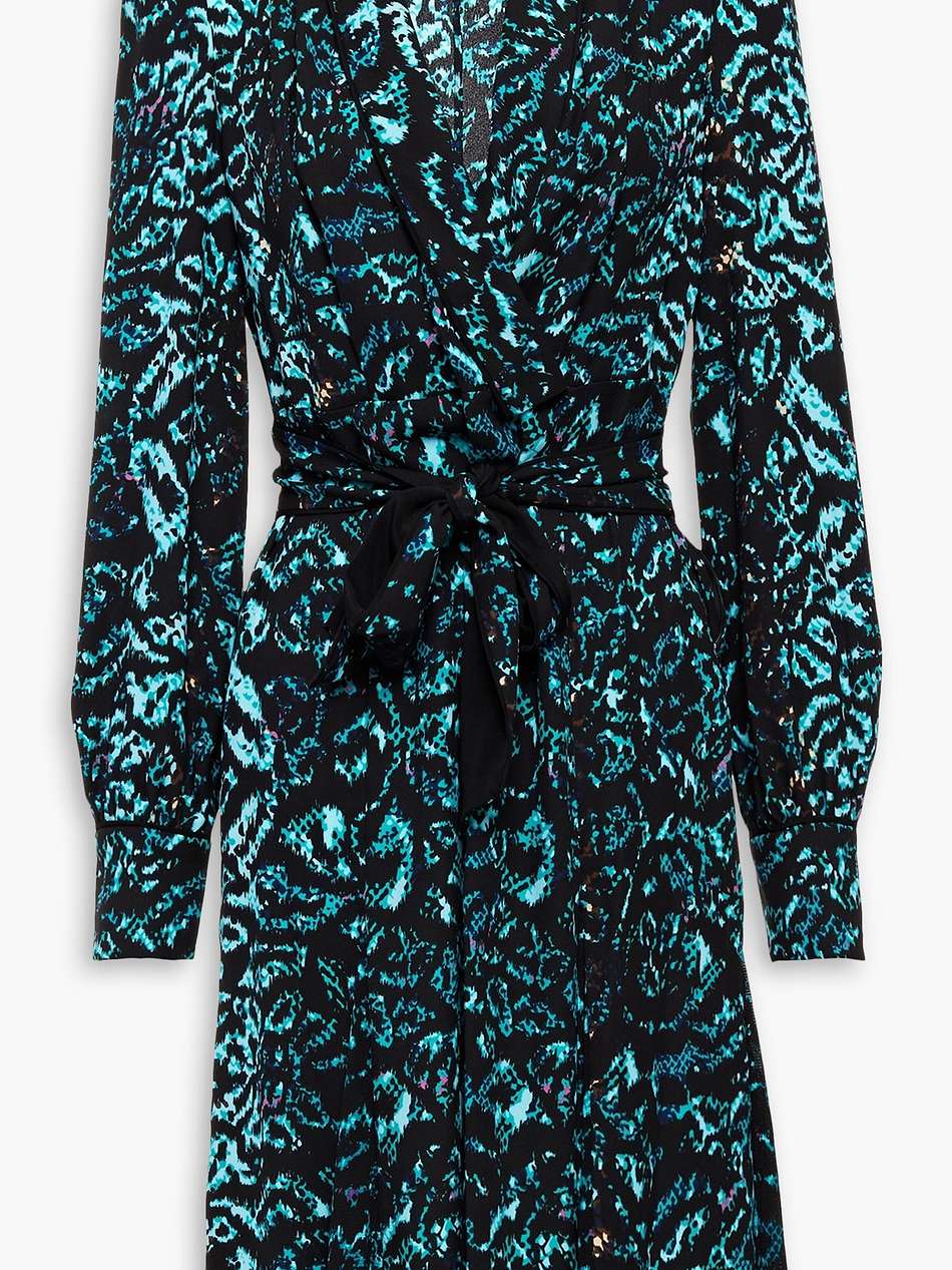 olina wrap-effect printed crepe de chine and mesh dress
