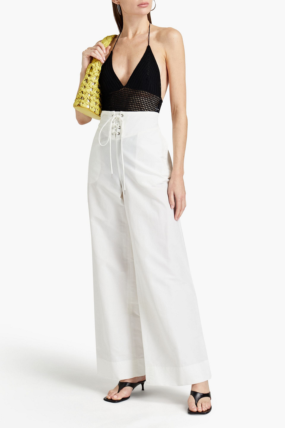 Dion Lee Lace-up Cotton-blend Taffeta Wide-leg Trousers In Ivory