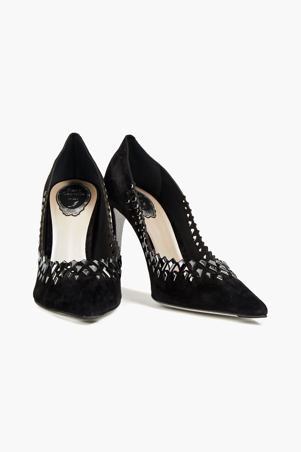 RENE' CAOVILLA Silene crystal-embellished laser-cut suede pumps