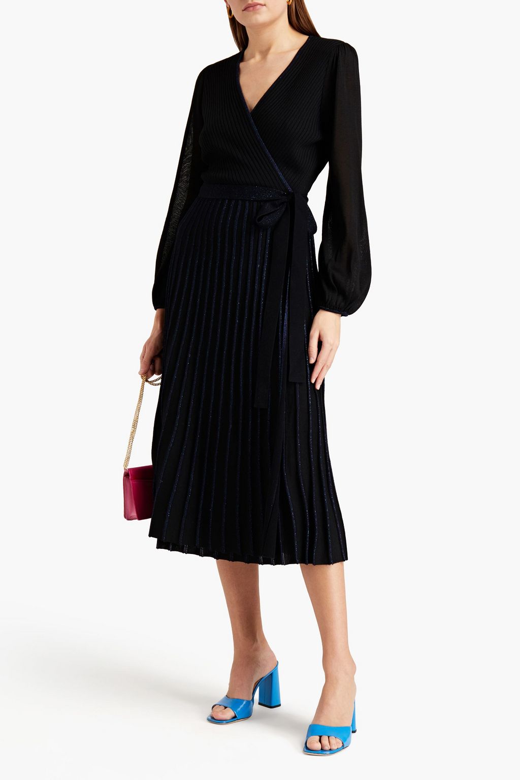 DIANE VON FURSTENBERG Shelly Midi-Wickelkleid aus Rippstrick mit Metallic-Effekt