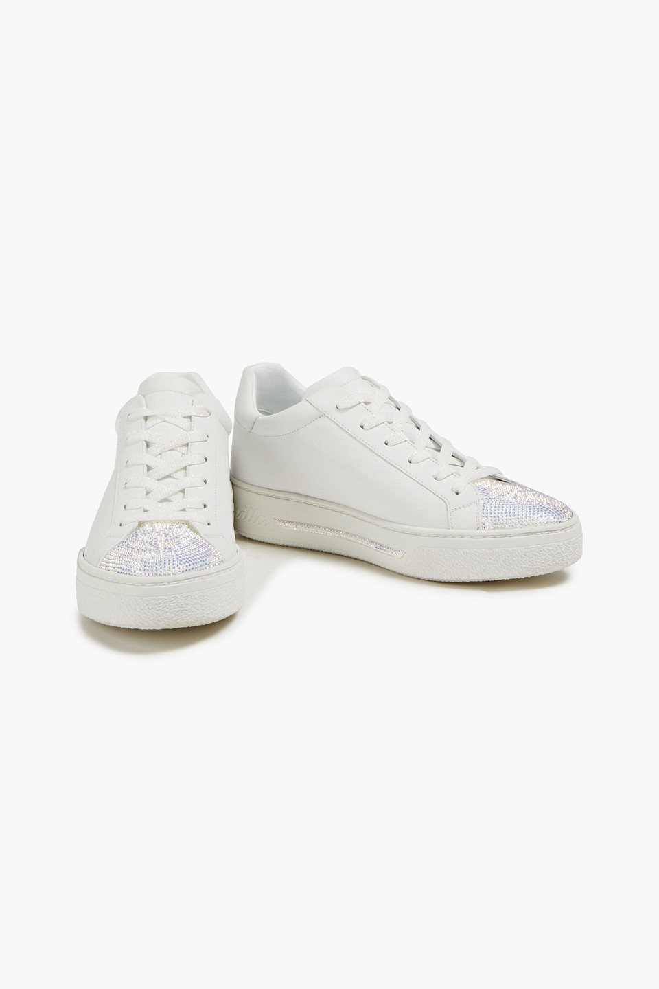 René Caovilla Crystal-embellished Leather Trainers In White