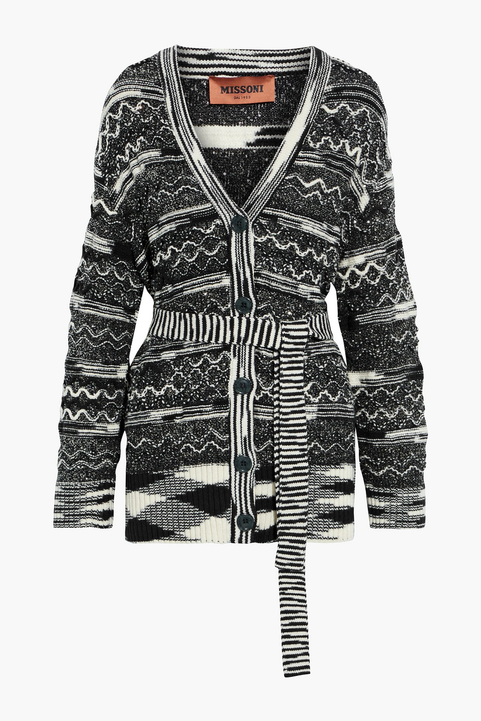 missoni - belted sequin-embellished metallic crochet-knit cardigan - black - it 42
