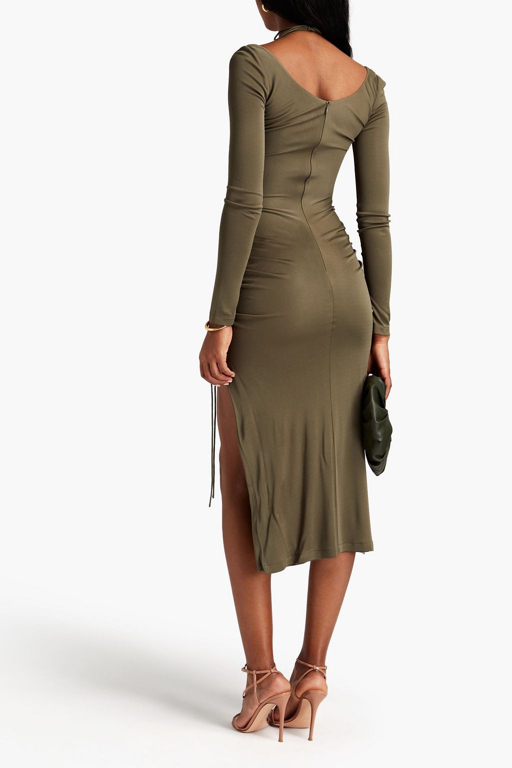 dion ruched midi cocktail dress