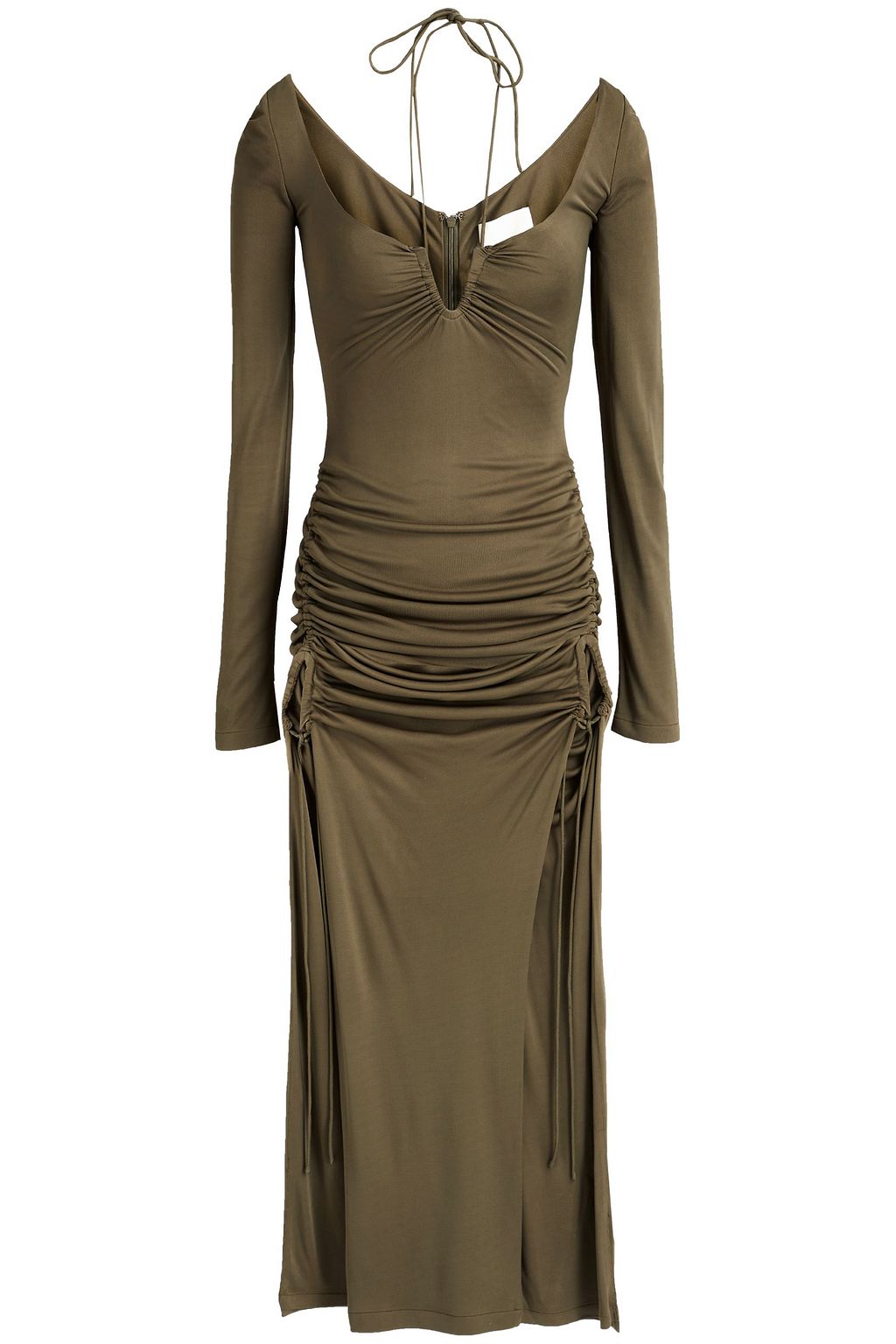 dion ruched midi cocktail dress