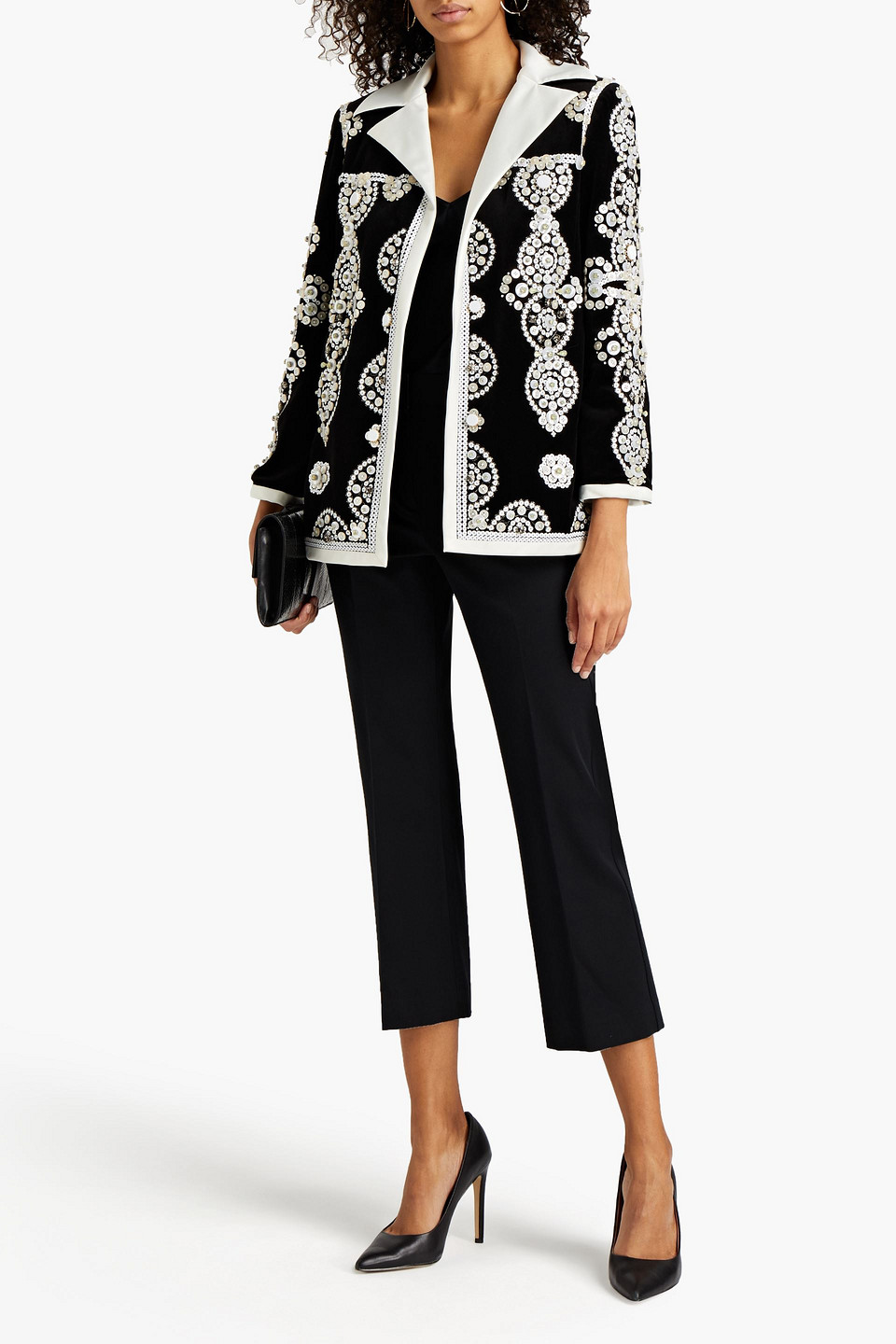 Tory Burch Embellished Stretch-cotton Velvet Blazer In Black