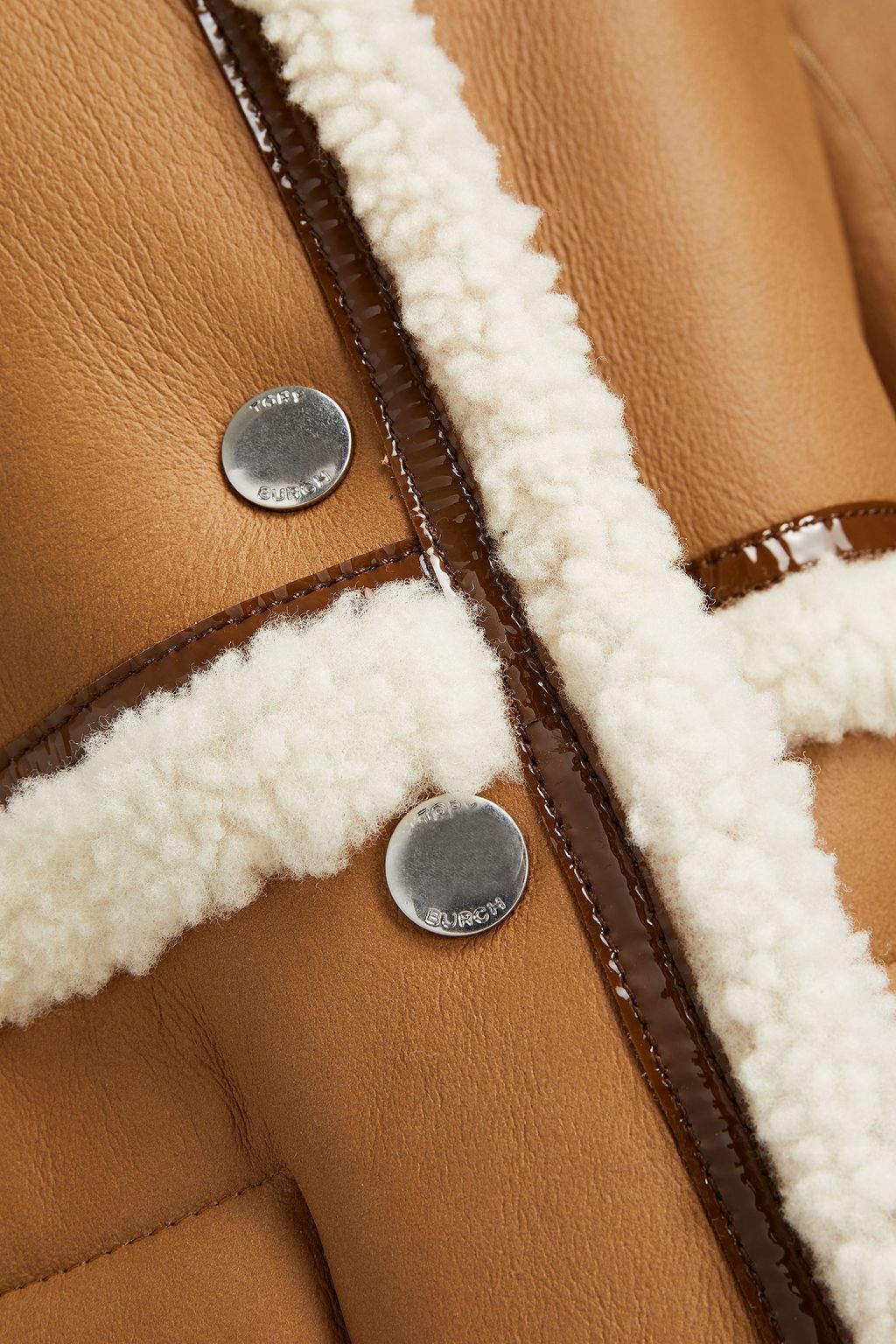 TORY BURCH Patent leather-trimmed shearling coat