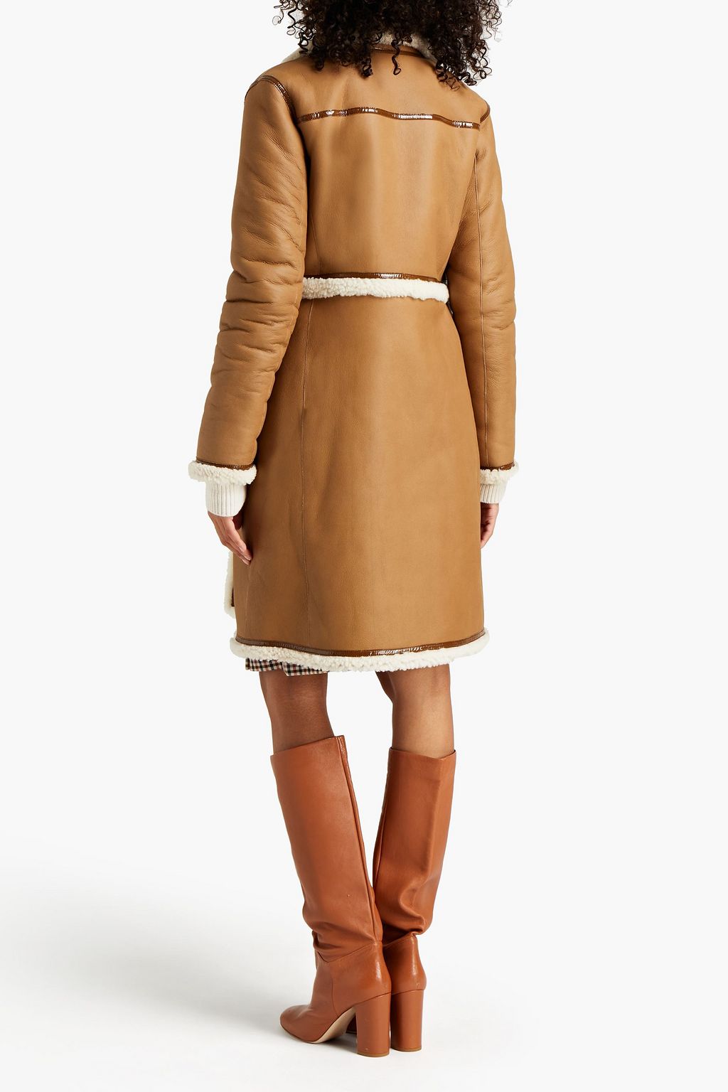 TORY BURCH Patent leather-trimmed shearling coat