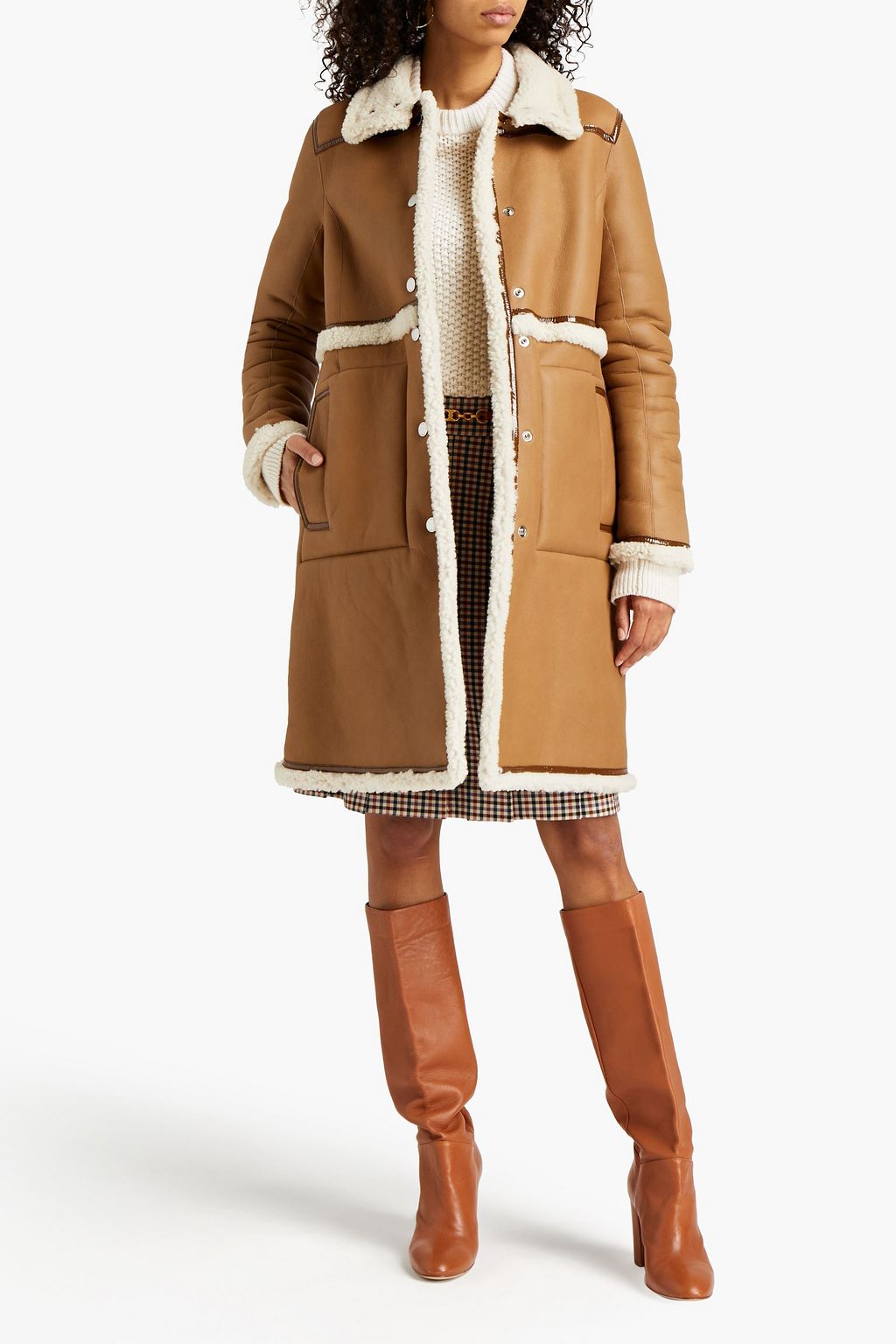 TORY BURCH Patent leather-trimmed shearling coat