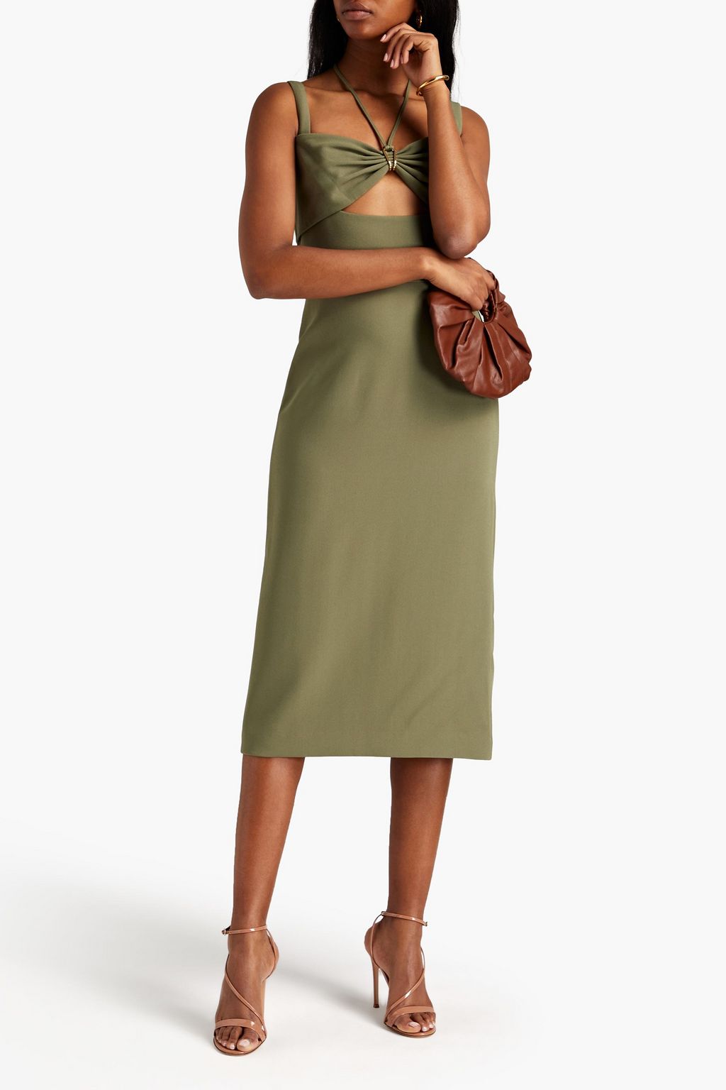 dion ruched midi cocktail dress