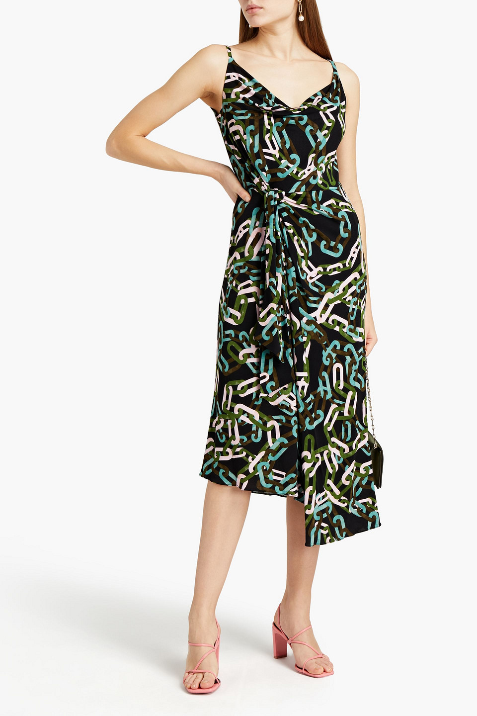 Diane Von Furstenberg Amy Draped Printed Jersey Midi Dress In Black