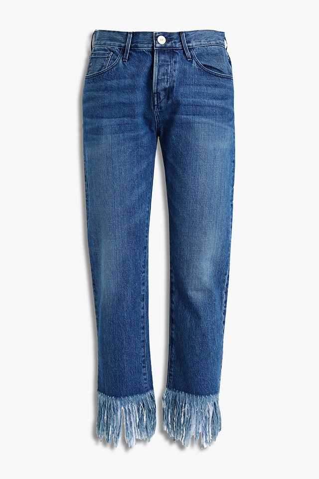 Frayed faded high-rise straight-leg jeans