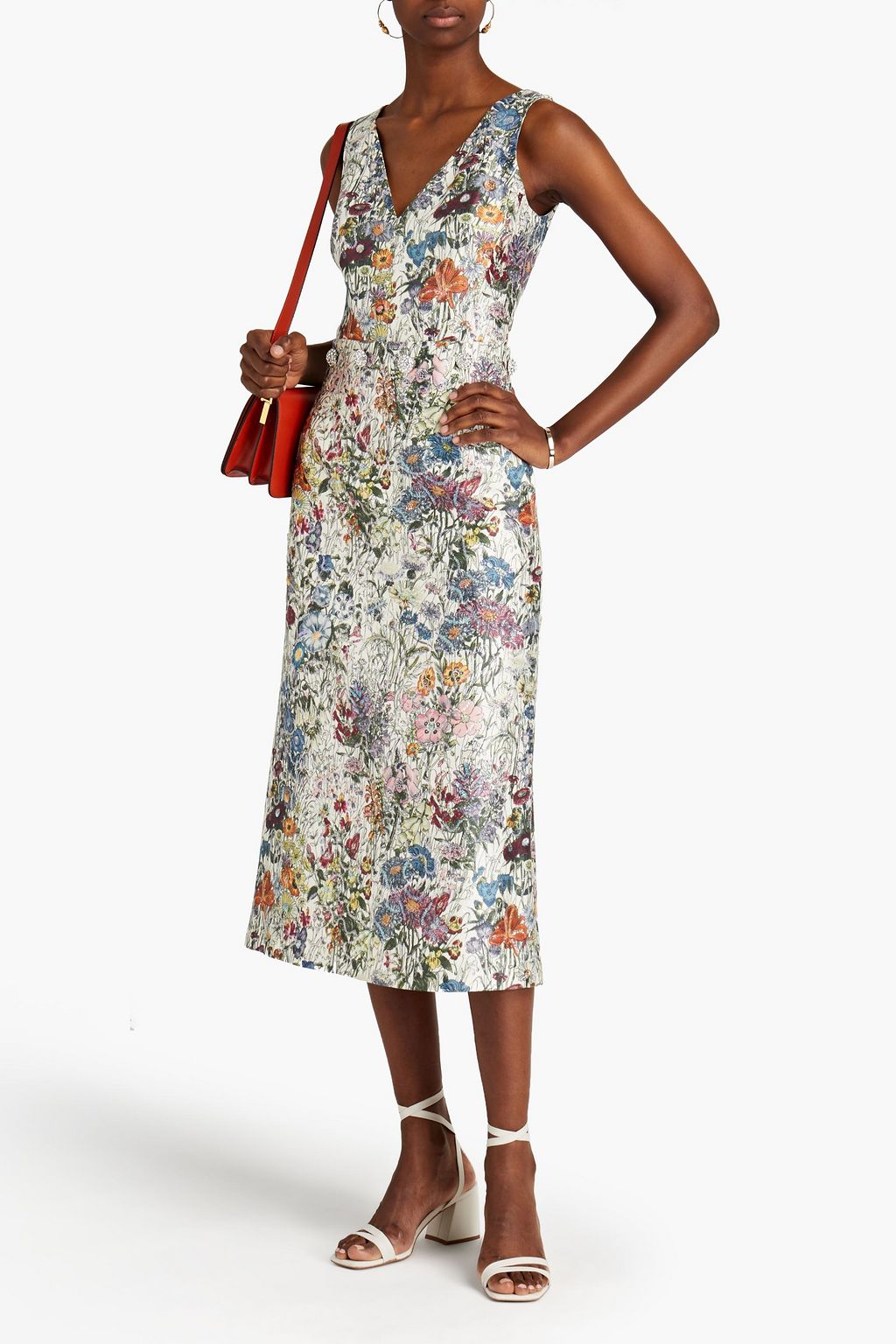 TORY BURCH Ronda embellished floral-print silk and cotton-blend midi dress