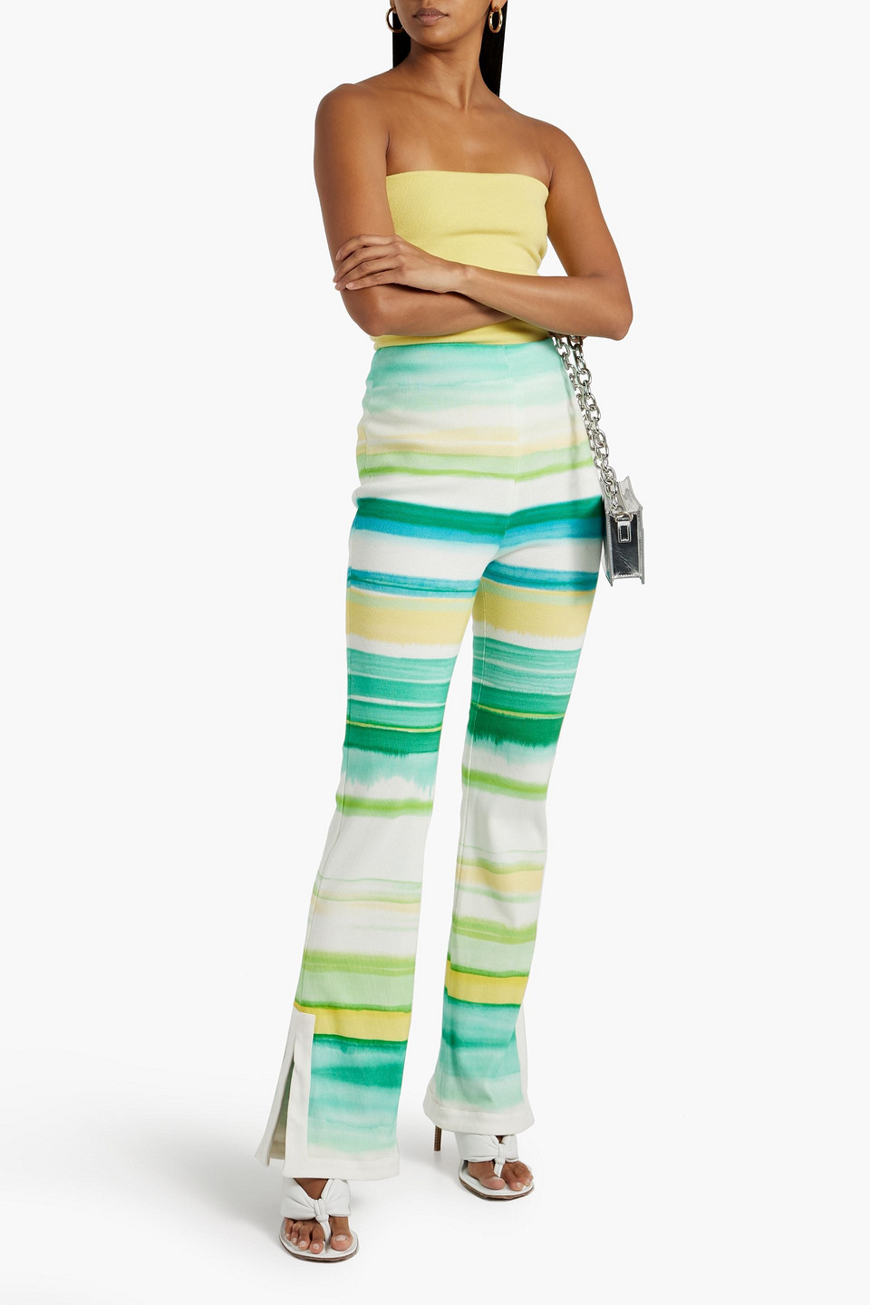 ROWEN ROSE STRIPED RIBBED COTTON FLARED PANTS